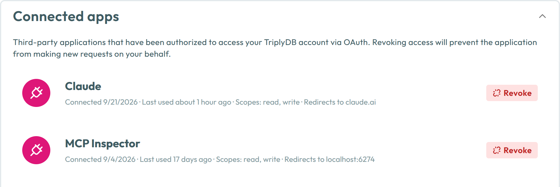 The Connected apps section of a user's settings page, listing two authorized applications, each with a Revoke button