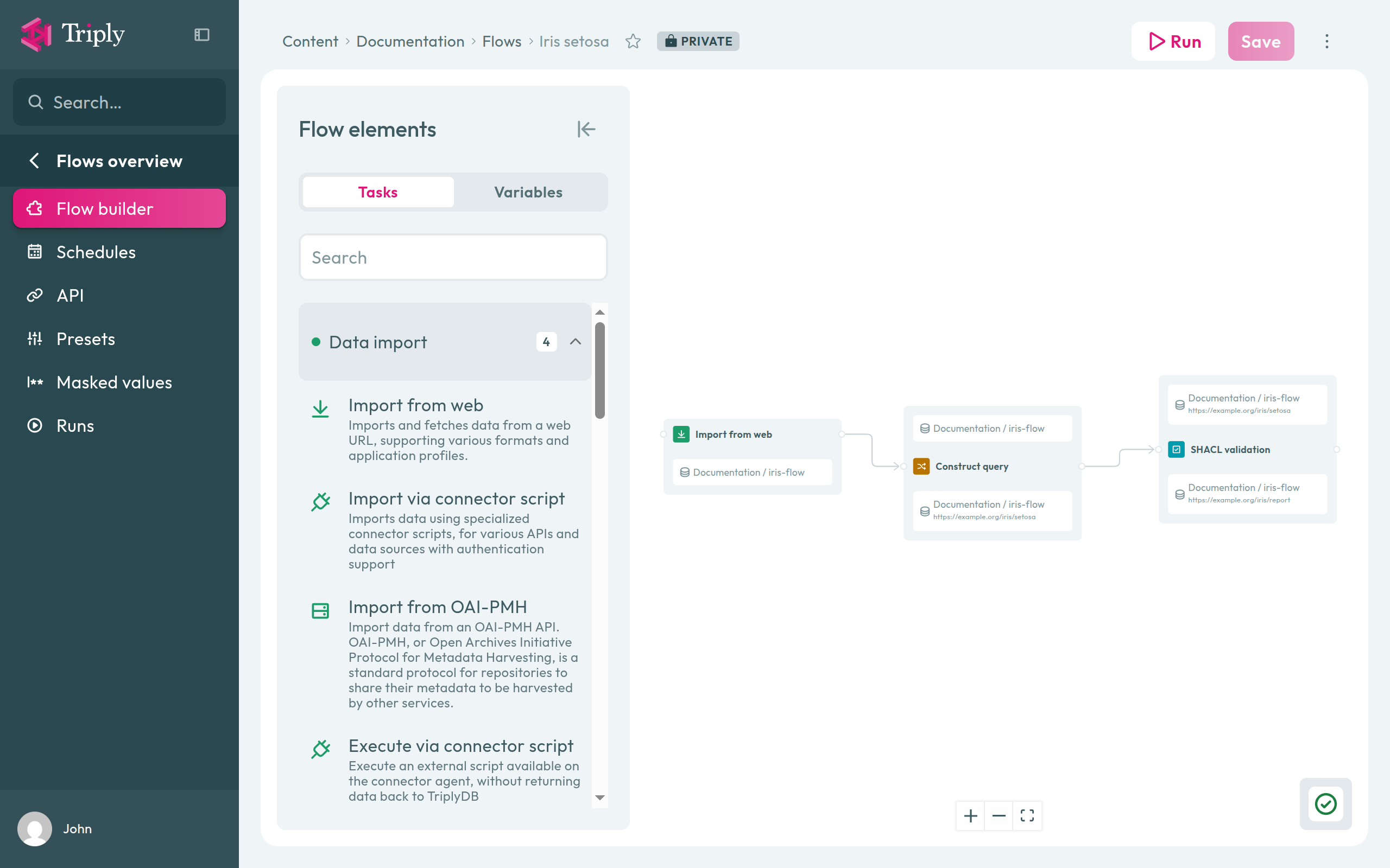 The finished flow in the builder: Import from web, then Construct query, then SHACL validation
