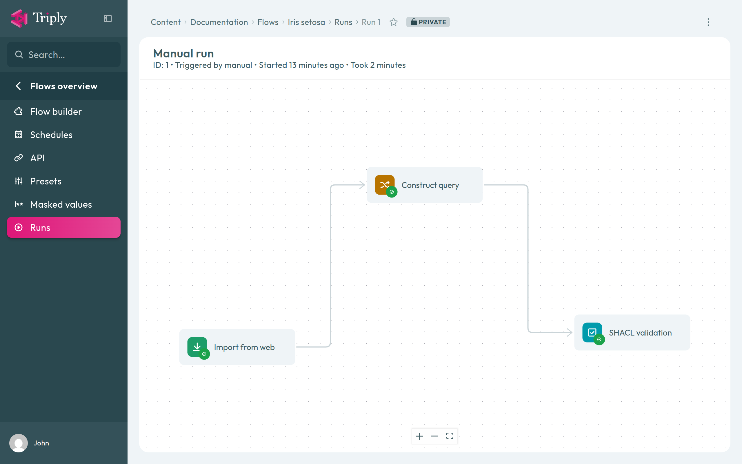 A finished run: all three tasks marked green